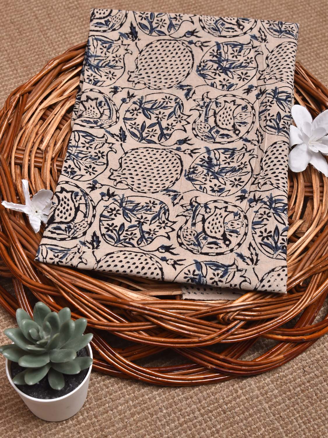 Cream and Blue Kalamkari Block Print Cotton Blouse with Floral Buta Design 1.2mt Length 35 Inches Width BL0040