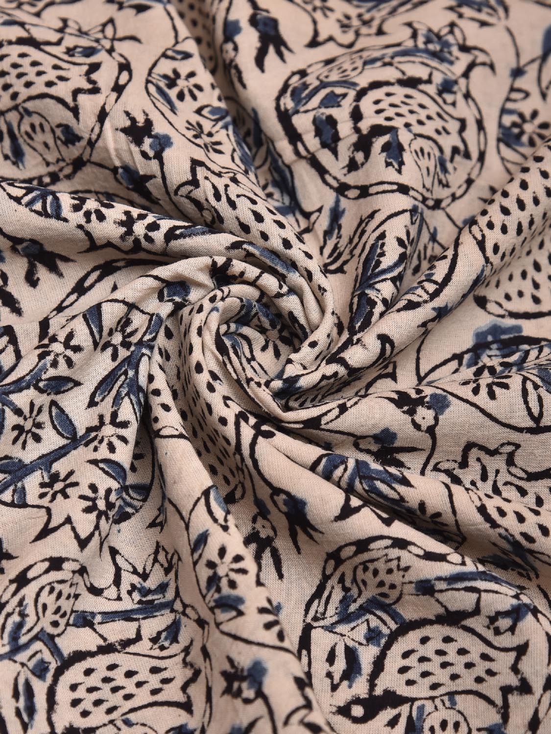 Cream and Blue Kalamkari Block Print Cotton Blouse with Floral Buta Design 1.2mt Length 35 Inches Width BL0040