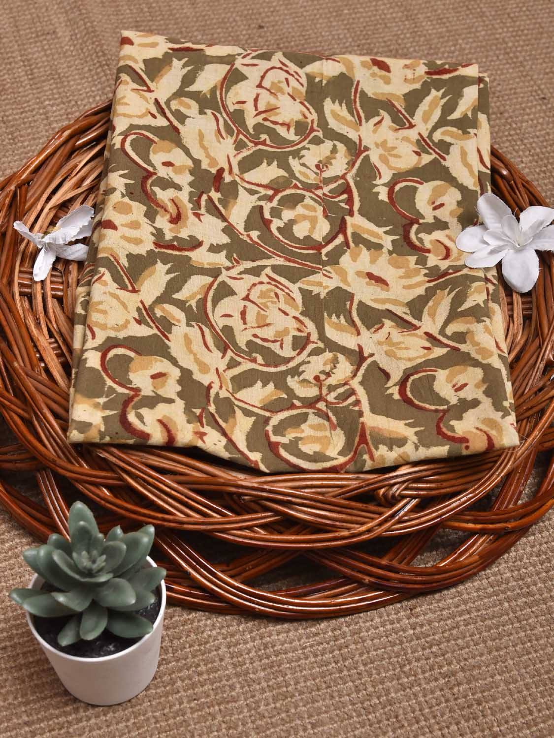 Light Olive and Cream Kalamkari Block Print Cotton Blouse with Lotus Flowers Design 1.2mt Length 35 Inches Width BL0043