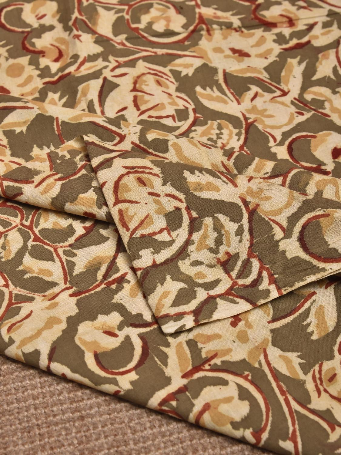 Light Olive and Cream Kalamkari Block Print Cotton Blouse with Lotus Flowers Design 1.2mt Length 35 Inches Width BL0043