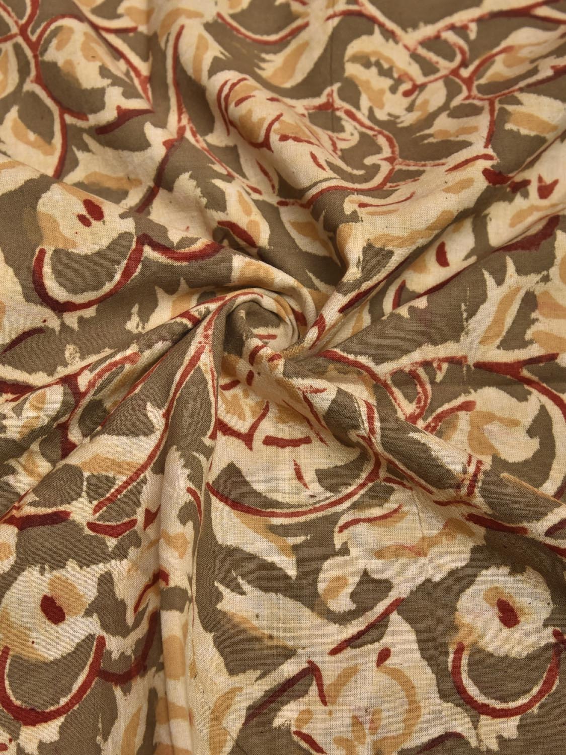 Light Olive and Cream Kalamkari Block Print Cotton Blouse with Lotus Flowers Design 1.2mt Length 35 Inches Width BL0043