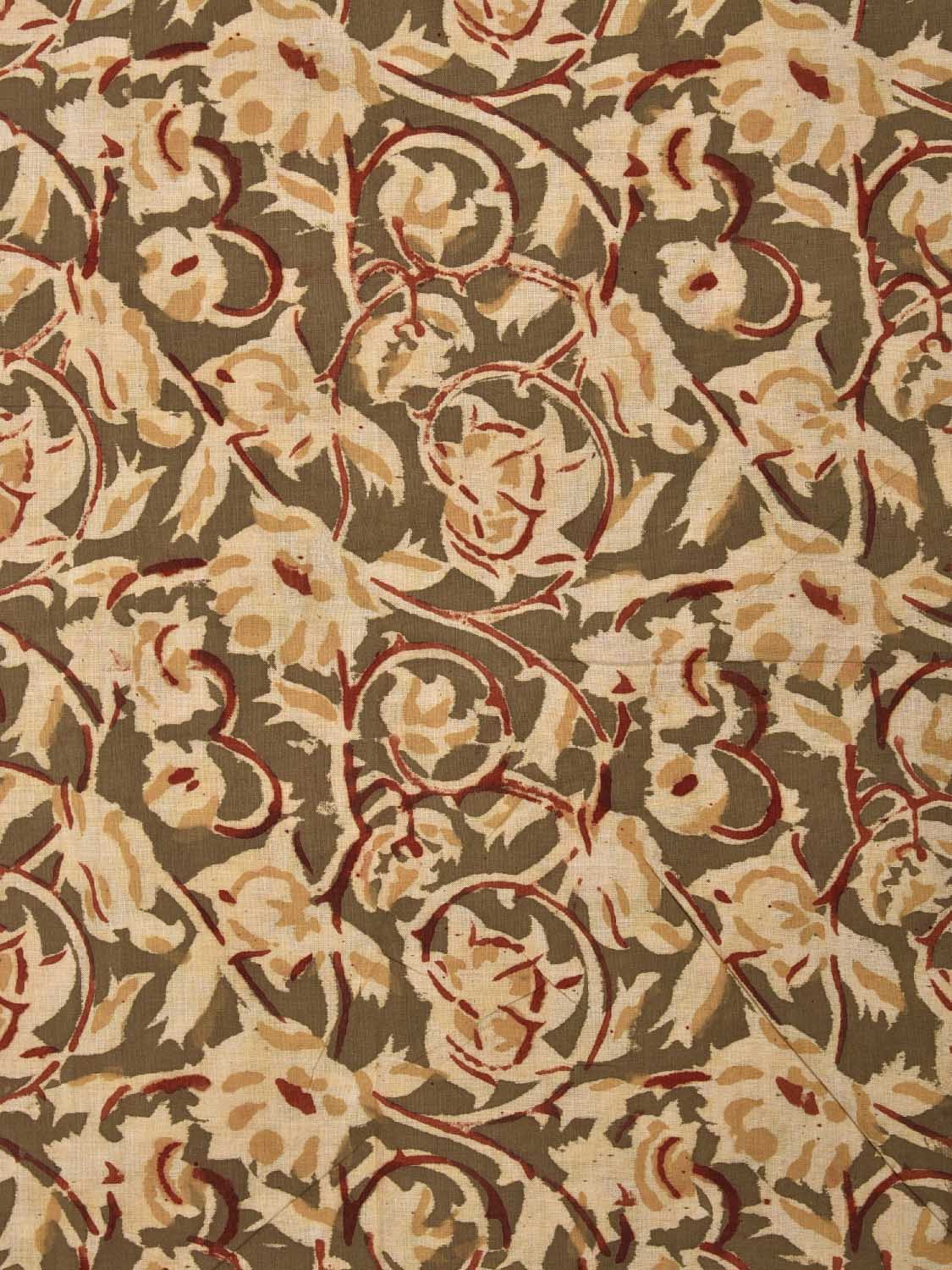 Light Olive and Cream Kalamkari Block Print Cotton Blouse with Lotus Flowers Design 1.2mt Length 35 Inches Width BL0043