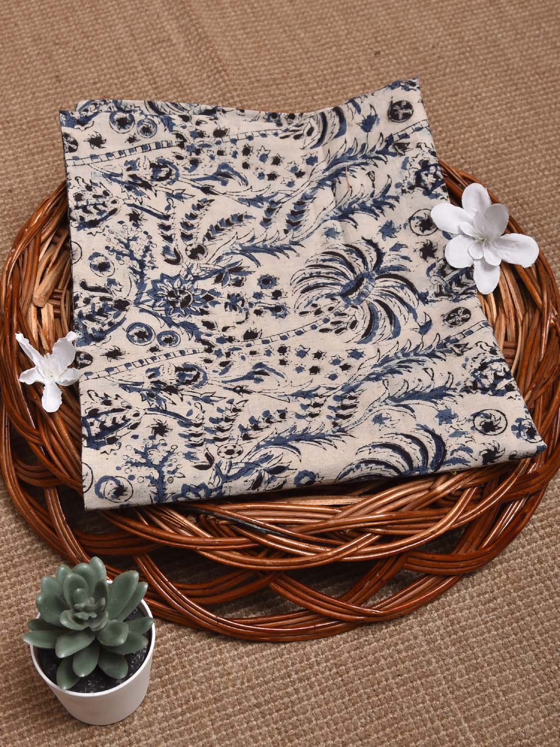 Cream and Blue Kalamkari Block Print Cotton Blouse with Coconut Trees Design 1.2mt Length 35 Inches Width BL0044