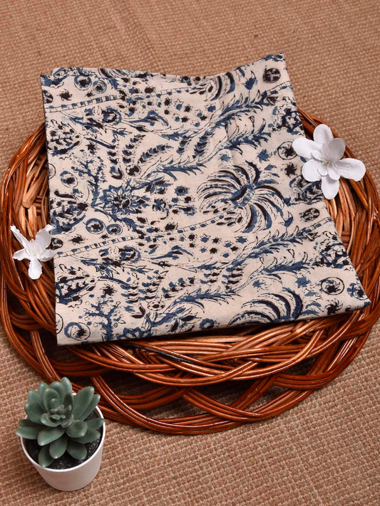 Cream and Blue Kalamkari Block Print Cotton Blouse with Coconut Trees Design 1.2mt Length 35 Inches Width BL0044