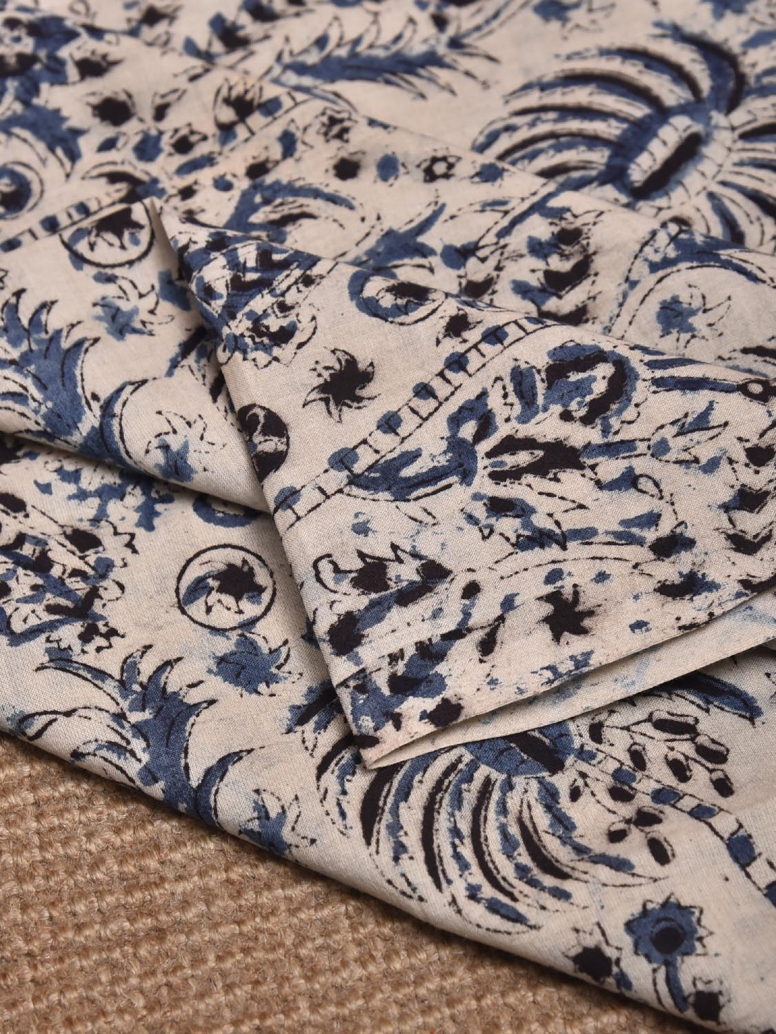Cream and Blue Kalamkari Block Print Cotton Blouse with Coconut Trees Design 1.2mt Length 35 Inches Width BL0044
