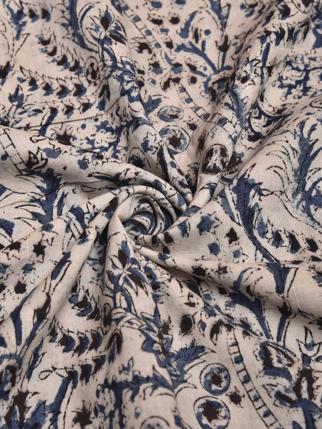 Cream and Blue Kalamkari Block Print Cotton Blouse with Coconut Trees Design 1.2mt Length 35 Inches Width BL0044