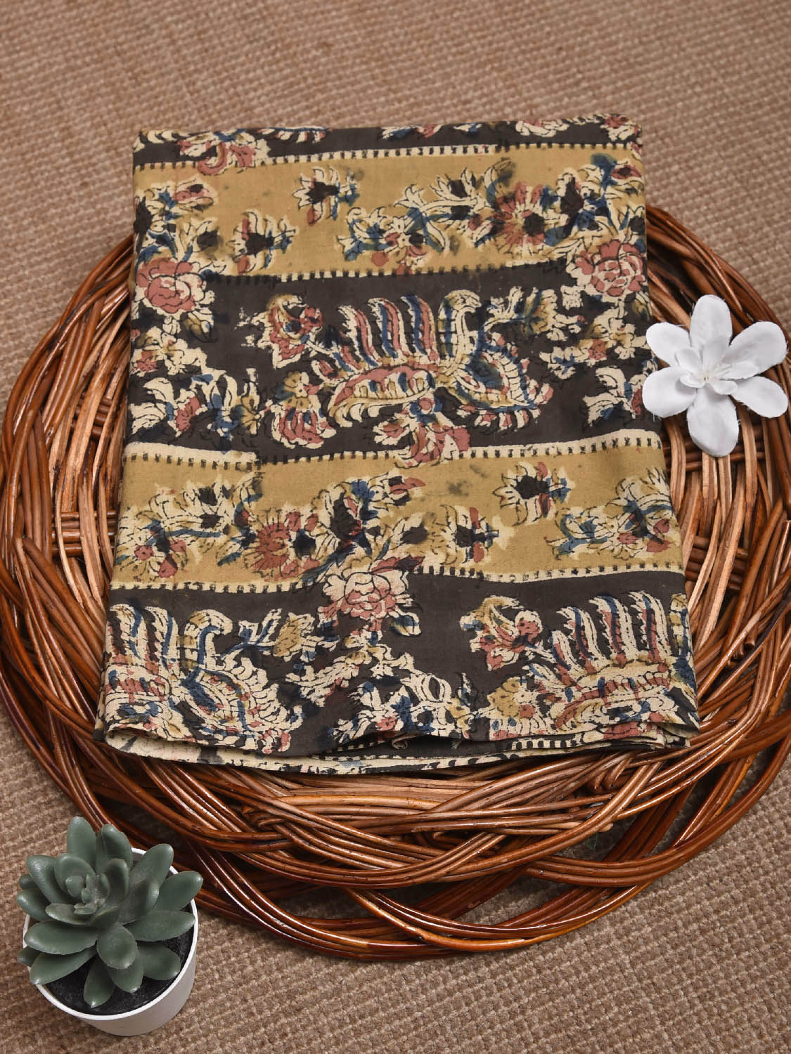 Mustard and Grey Kalamkari Block Print Cotton Blouse with Strip and Floral Design 1.2mt Length 35 Inches Width BL0045