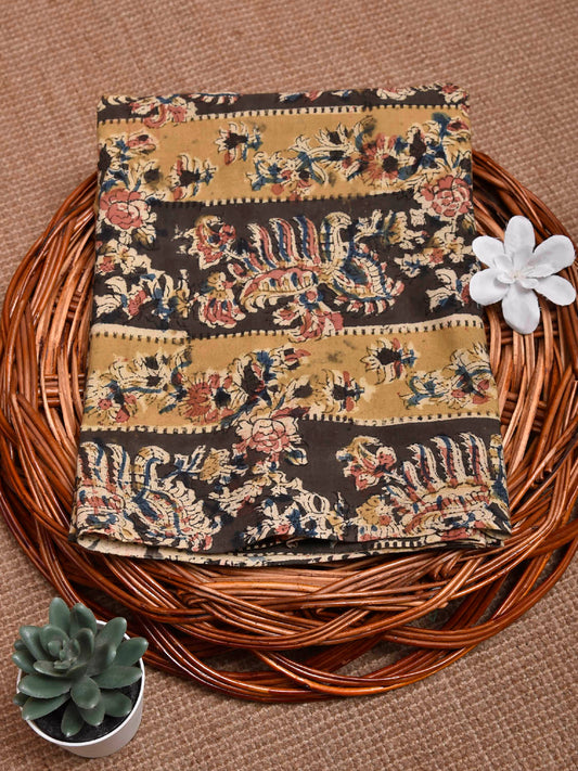 Mustard and Grey Kalamkari Block Print Cotton Blouse with Strip and Floral Design 1.2mt Length 35 Inches Width BL0045