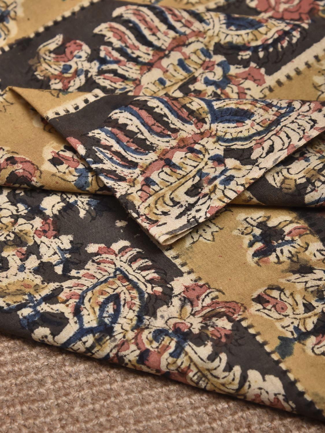Mustard and Grey Kalamkari Block Print Cotton Blouse with Strip and Floral Design 1.2mt Length 35 Inches Width BL0045