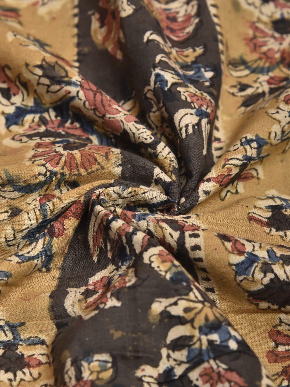 Mustard and Grey Kalamkari Block Print Cotton Blouse with Strip and Floral Design 1.2mt Length 35 Inches Width BL0045