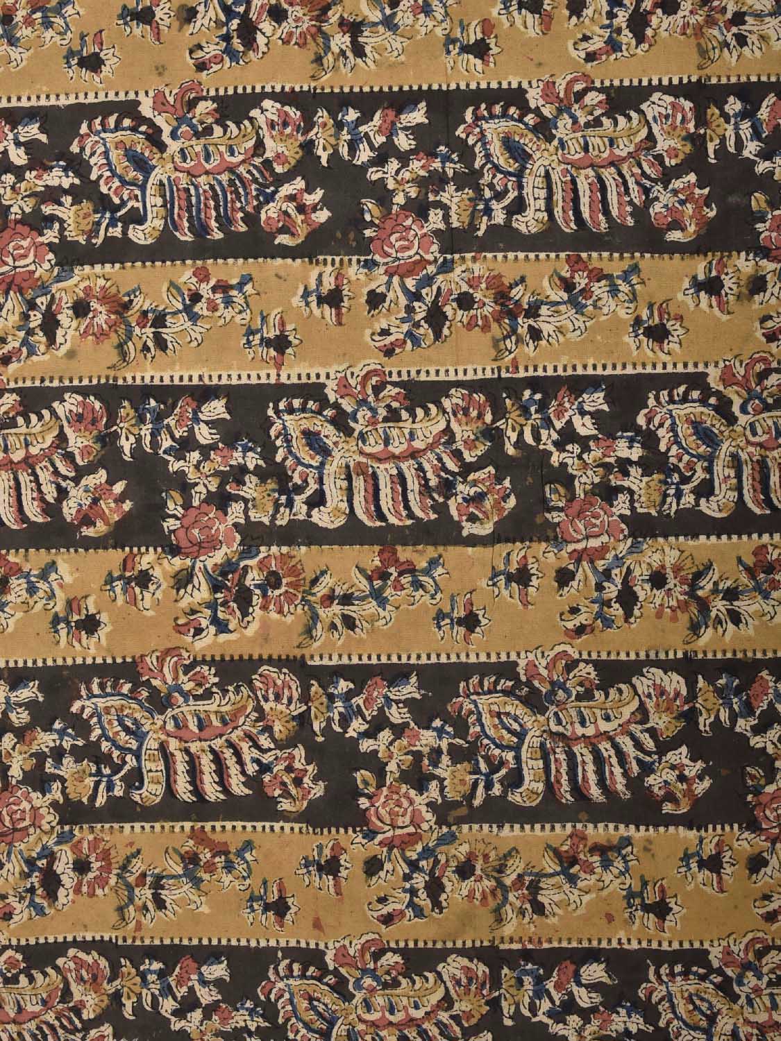 Mustard and Grey Kalamkari Block Print Cotton Blouse with Strip and Floral Design 1.2mt Length 35 Inches Width BL0045