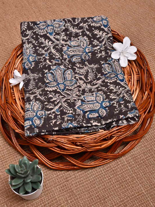 Black and Blue Kalamkari Block Print Cotton Blouse with Floral Design 1.2mt Length 35 Inches Width BL0046