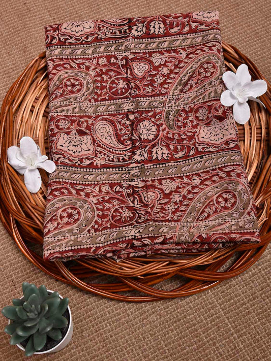 Red Kalamkari Block Print Cotton Blouse with Strip and Pasley Design 1.2mt Length 35 Inches Width BL0047