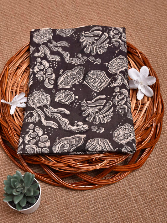 Black and Grey Kalamkari Block Print Cotton Blouse with Multi Buta Design 1.2mt Length 35 Inches Width BL0048