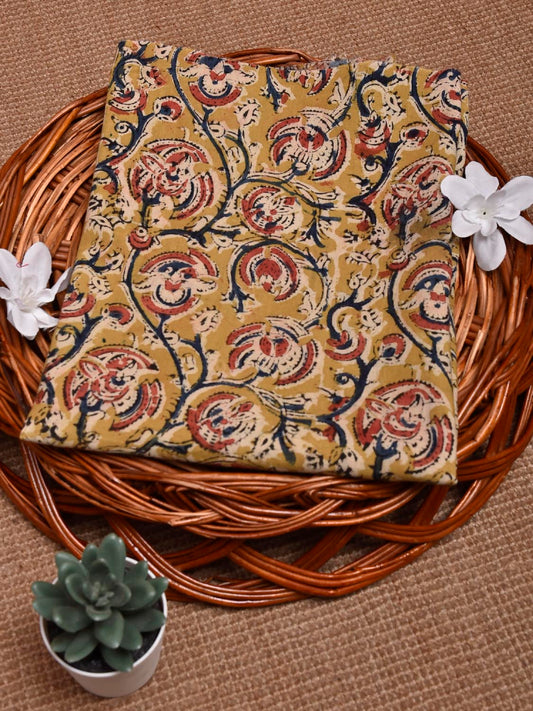 Mustard and Red Kalamkari Block Print Cotton Blouse with Floral Design 1.2mt Length 35 Inches Width BL0049