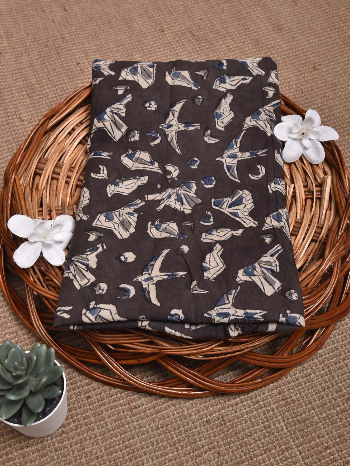 Black and Cream Kalamkari Block Print Cotton Blouse with Birds Design 1.2mt Length 35 Inches Width BL0050