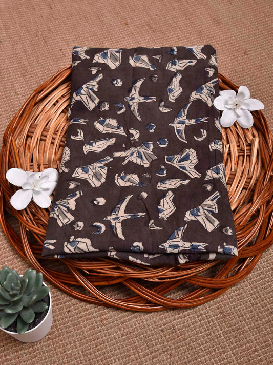 Black and Cream Kalamkari Block Print Cotton Blouse with Birds Design 1.2mt Length 35 Inches Width BL0050
