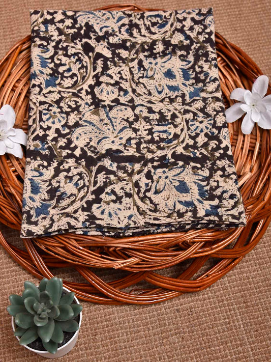 Black and Blue Kalamkari Block Print Cotton Blouse with Floral Design 1.2mt Length 35 Inches Width BL0051