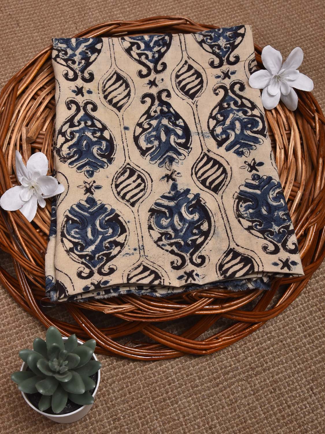 Cream and Blue Kalamkari Block Print Cotton Blouse with Grill and Buta Design 1.2mt Length 35 Inches Width BL0052