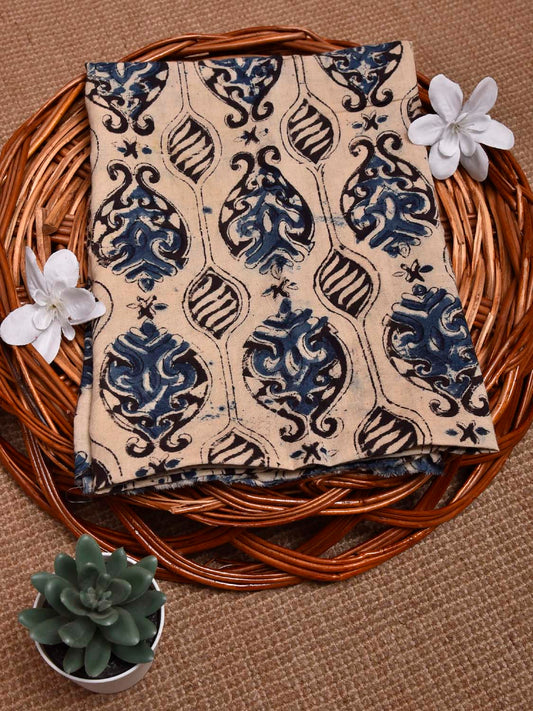 Cream and Blue Kalamkari Block Print Cotton Blouse with Grill and Buta Design 1.2mt Length 35 Inches Width BL0052