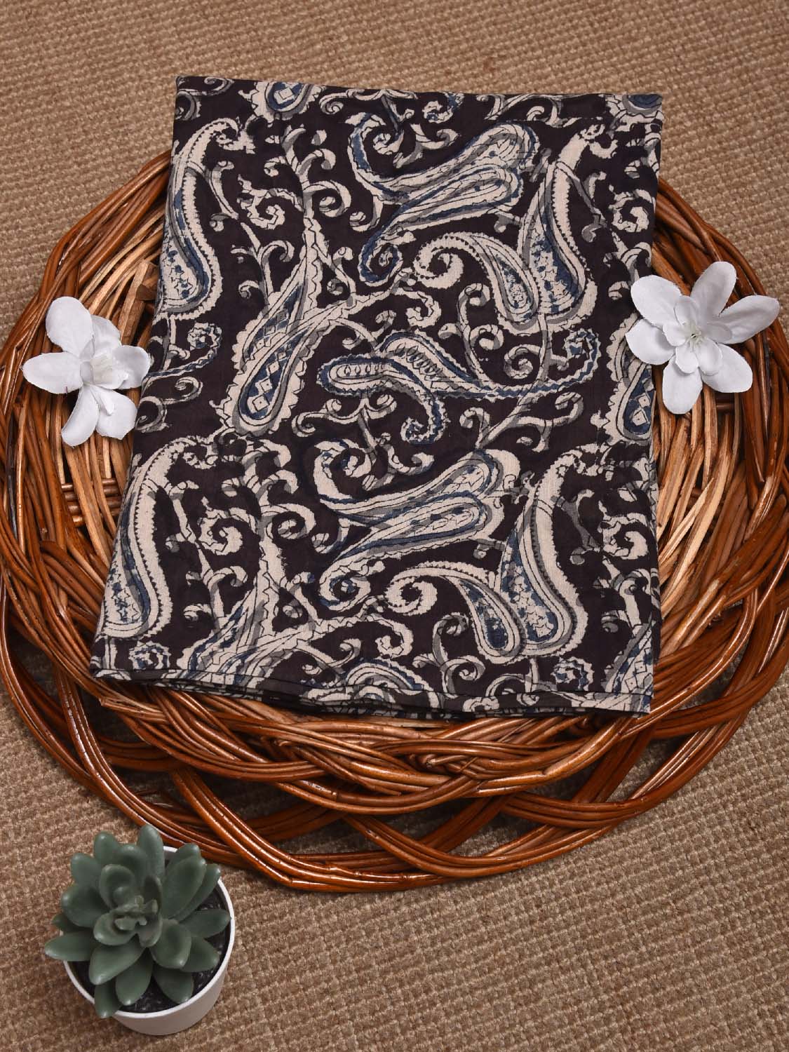 Black and Grey Kalamkari Block Print Cotton Blouse with Pasley Design 1.2mt Length 35 Inches Width BL0053