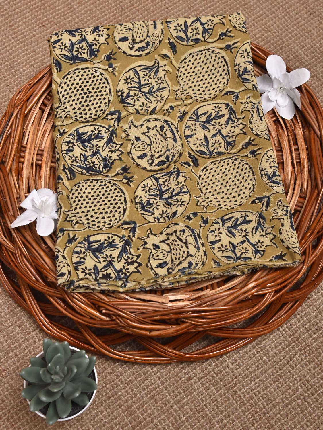 Light Olive and Blue Kalamkari Block Print Cotton Blouse with Floral Buta Design 1.2mt Length 35 Inches Width BL0054