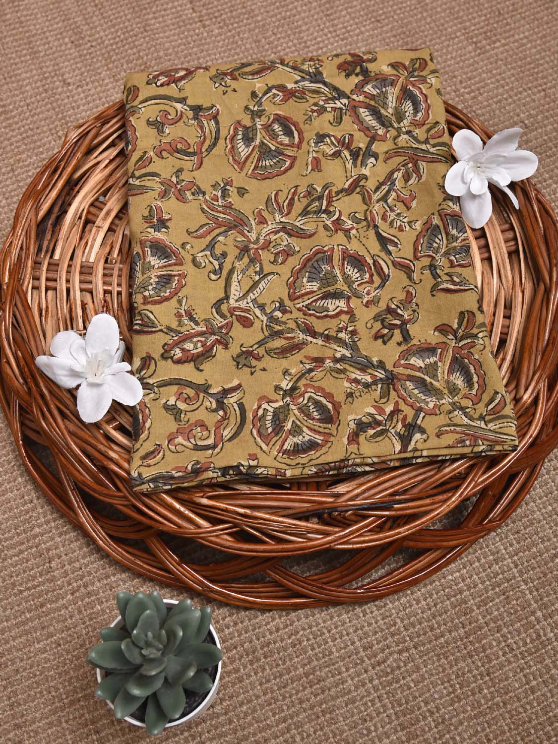 Mustard Kalamkari Block Print Cotton Blouse with Floral Design 1.2mt Length 35 Inches Width BL0059