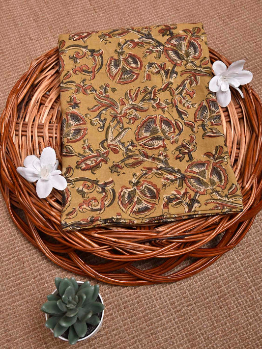 Mustard Kalamkari Block Print Cotton Blouse with Floral Design 1.2mt Length 35 Inches Width BL0059