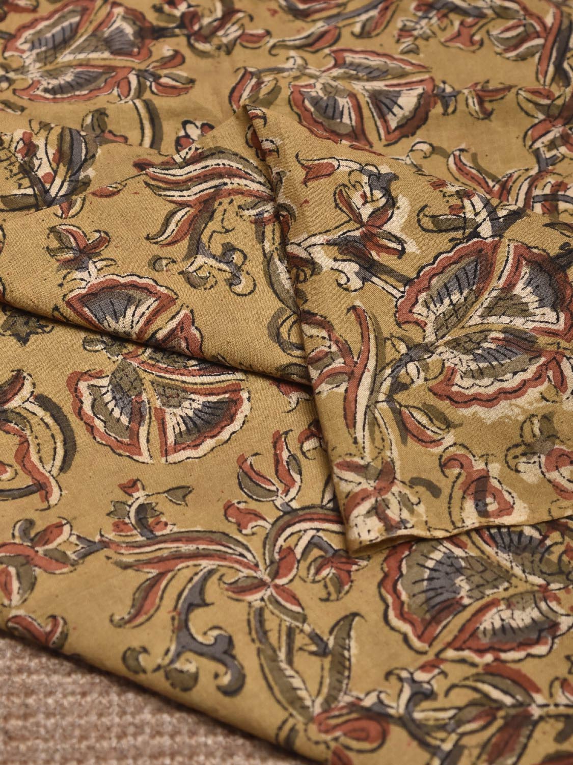 Mustard Kalamkari Block Print Cotton Blouse with Floral Design 1.2mt Length 35 Inches Width BL0059