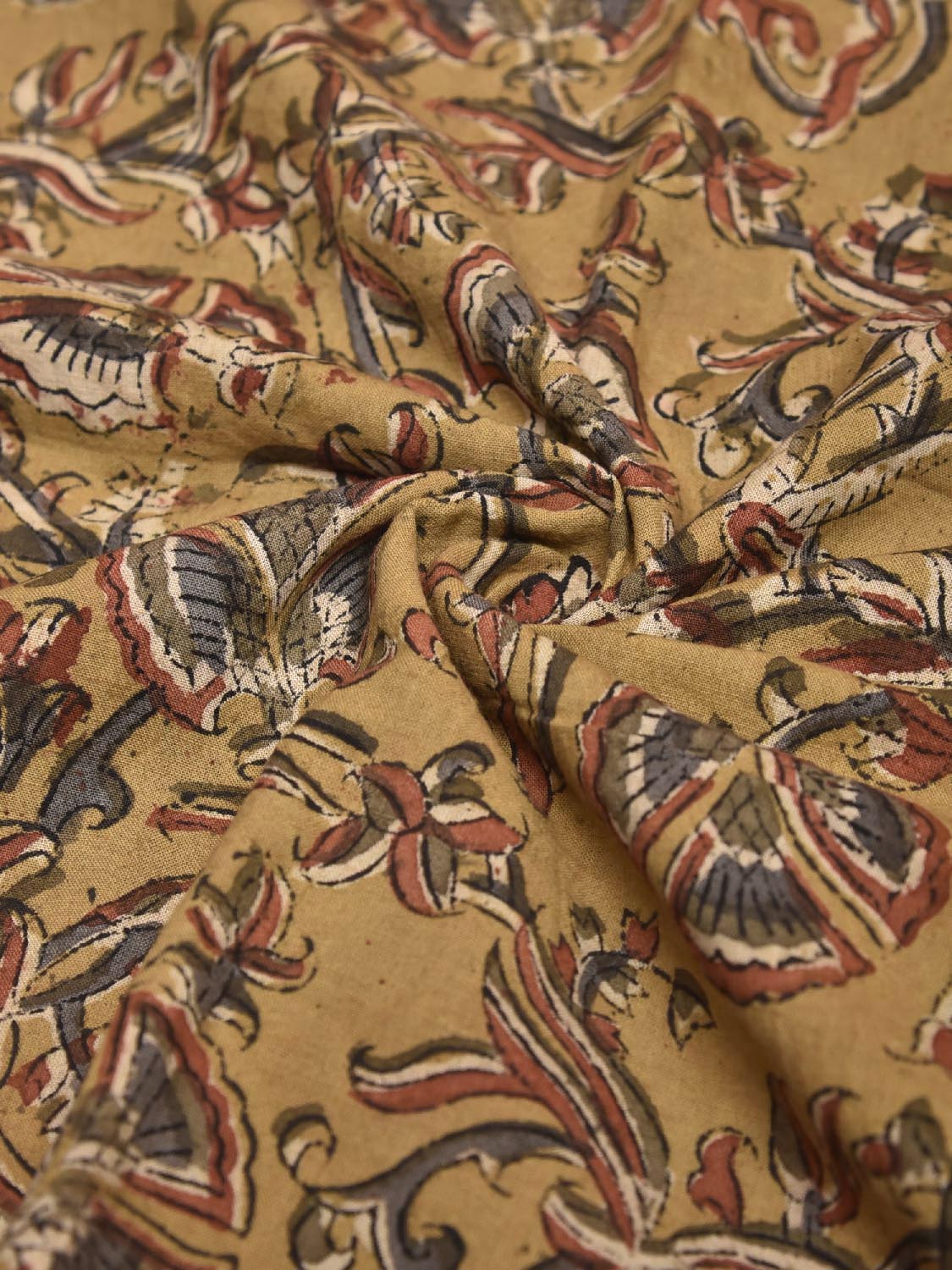 Mustard Kalamkari Block Print Cotton Blouse with Floral Design 1.2mt Length 35 Inches Width BL0059