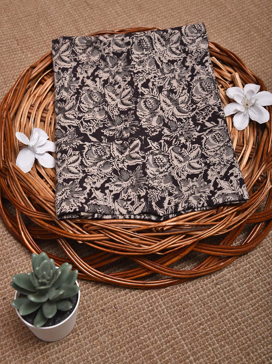 Black and Cream Kalamkari Block Print Cotton Blouse with Floral Design 1.2mt Length 35 Inches Width BL0062