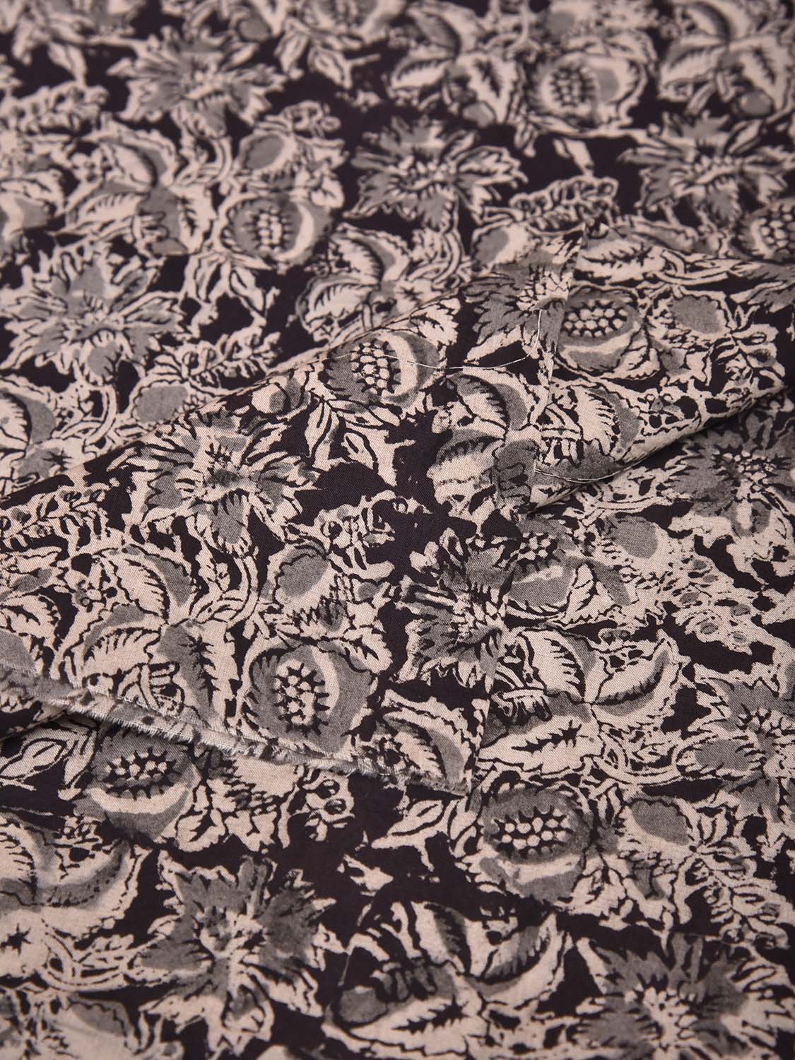 Black and Cream Kalamkari Block Print Cotton Blouse with Floral Design 1.2mt Length 35 Inches Width BL0062
