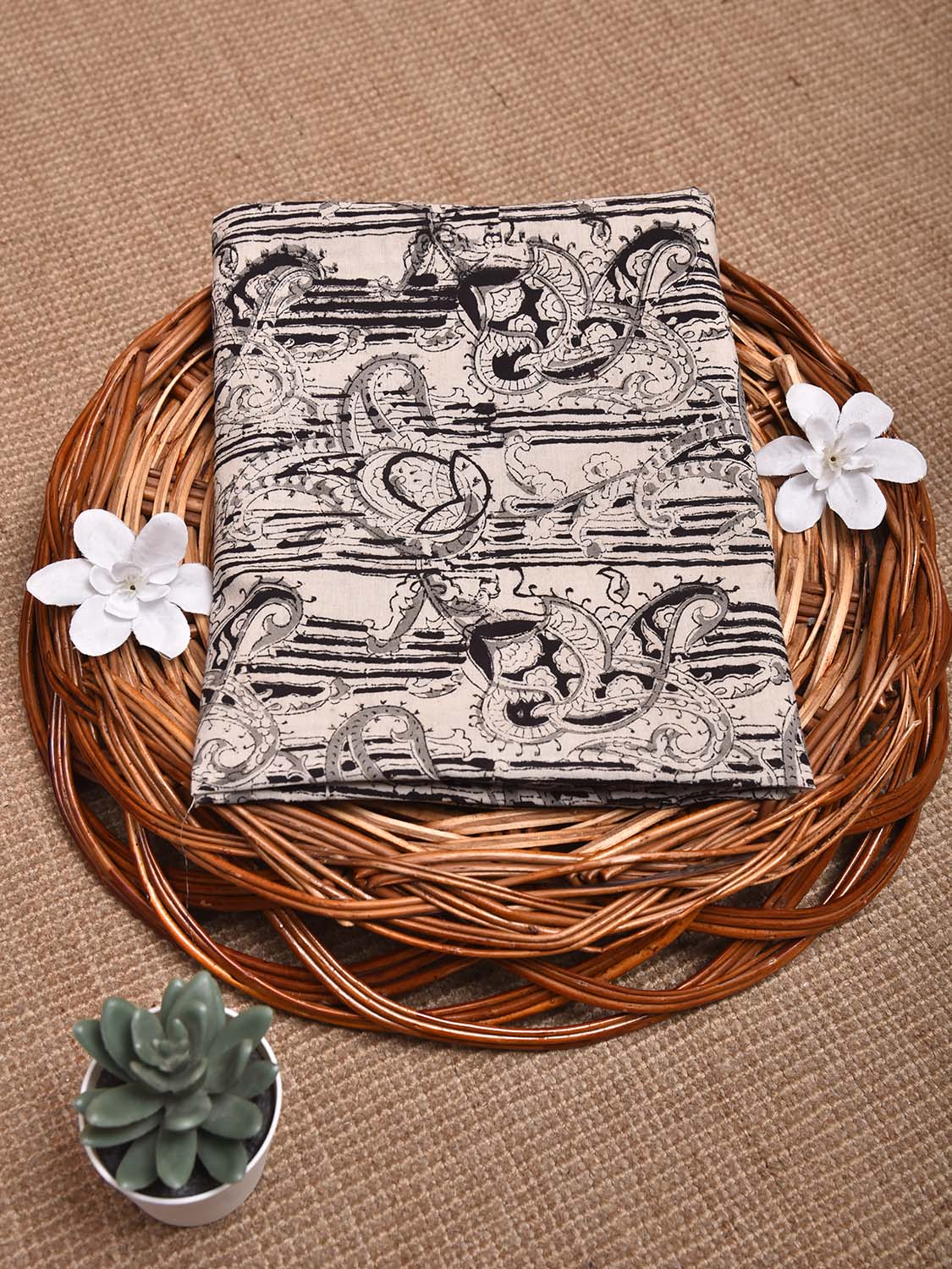 Black and Cream Kalamkari Block Print Cotton Blouse with Pasley Design 1.2mt Length 35 Inches Width BL0063