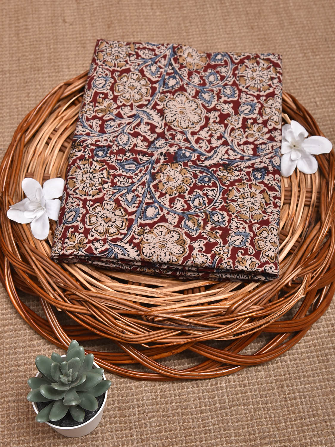 Dark Red and Blue Kalamkari Block Print Cotton Blouse with Floral Design 1.2mt Length 35 Inches Width BL0064