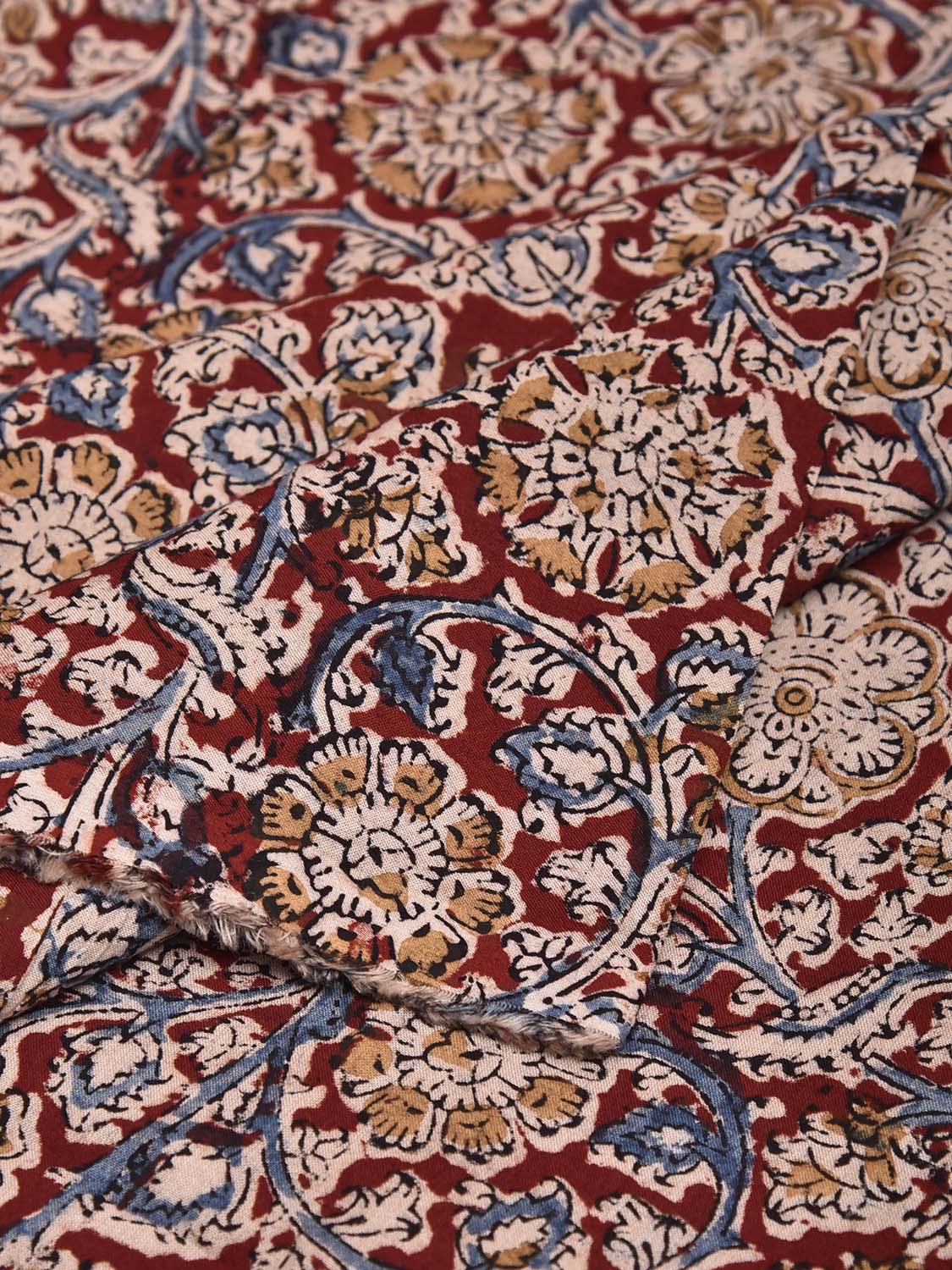 Dark Red and Blue Kalamkari Block Print Cotton Blouse with Floral Design 1.2mt Length 35 Inches Width BL0064