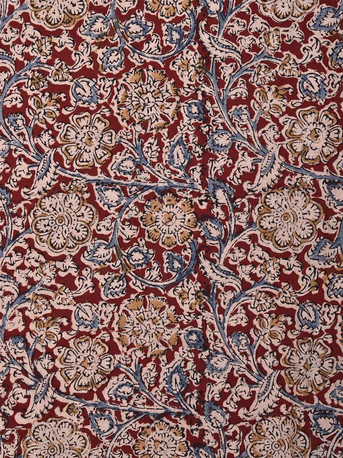 Dark Red and Blue Kalamkari Block Print Cotton Blouse with Floral Design 1.2mt Length 35 Inches Width BL0064
