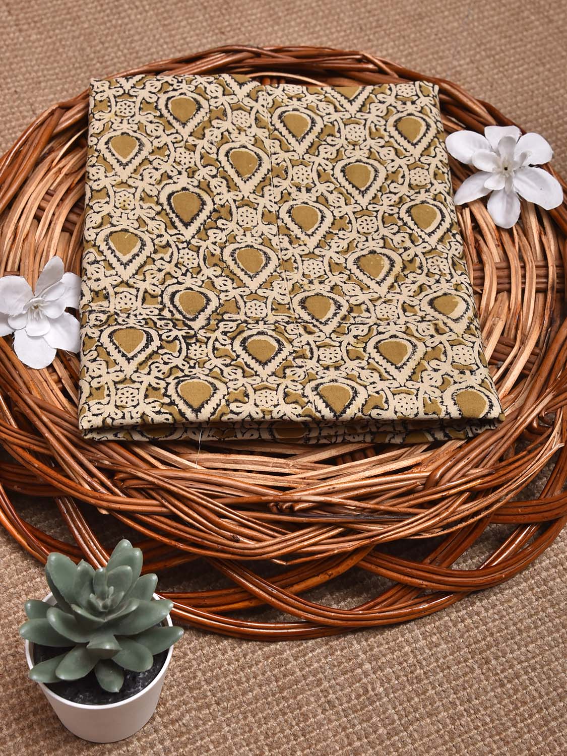 Mustard and Cream Kalamkari Block Print Cotton Blouse with Diya and Grill Design 1.2mt Length 35 Inches Width BL0065