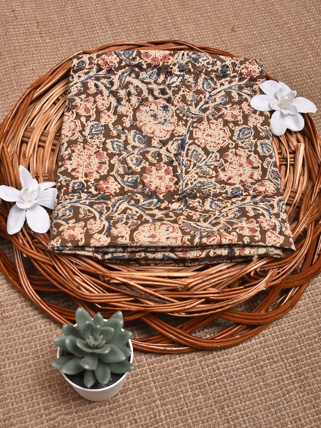 Olive and Red Kalamkari Block Print Cotton Blouse with Floral Design 1.2mt Length 35 Inches Width BL0066