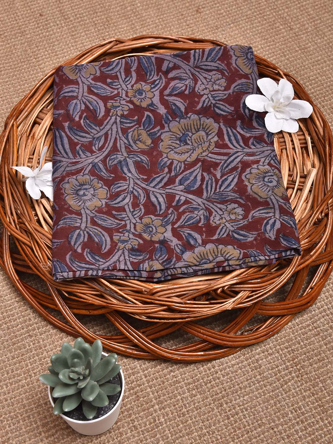 Maroon and Blue Kalamkari Block Print Cotton Blouse with Floral Design 1.2mt Length 35 Inches Width BL0068