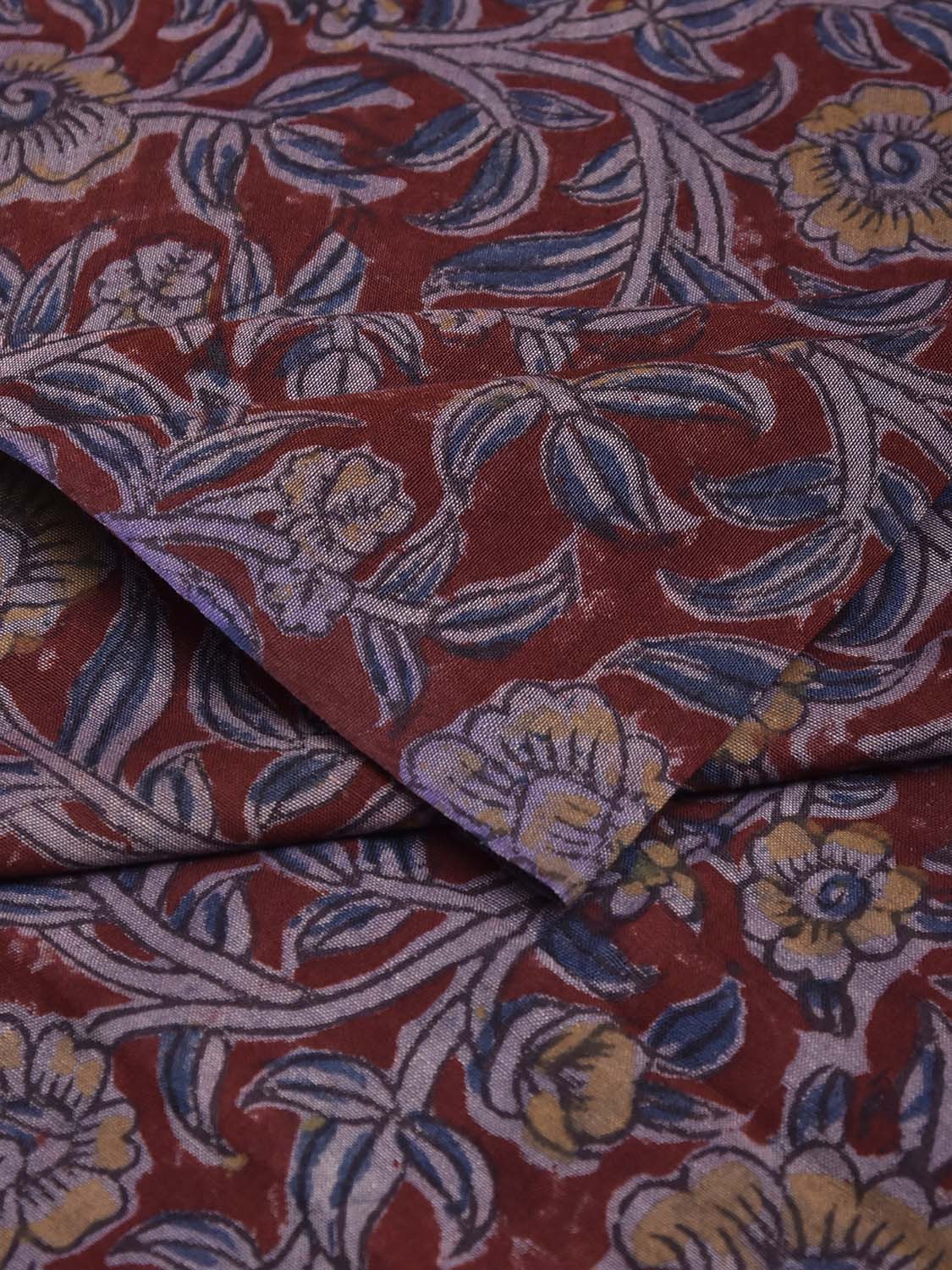 Maroon and Blue Kalamkari Block Print Cotton Blouse with Floral Design 1.2mt Length 35 Inches Width BL0068