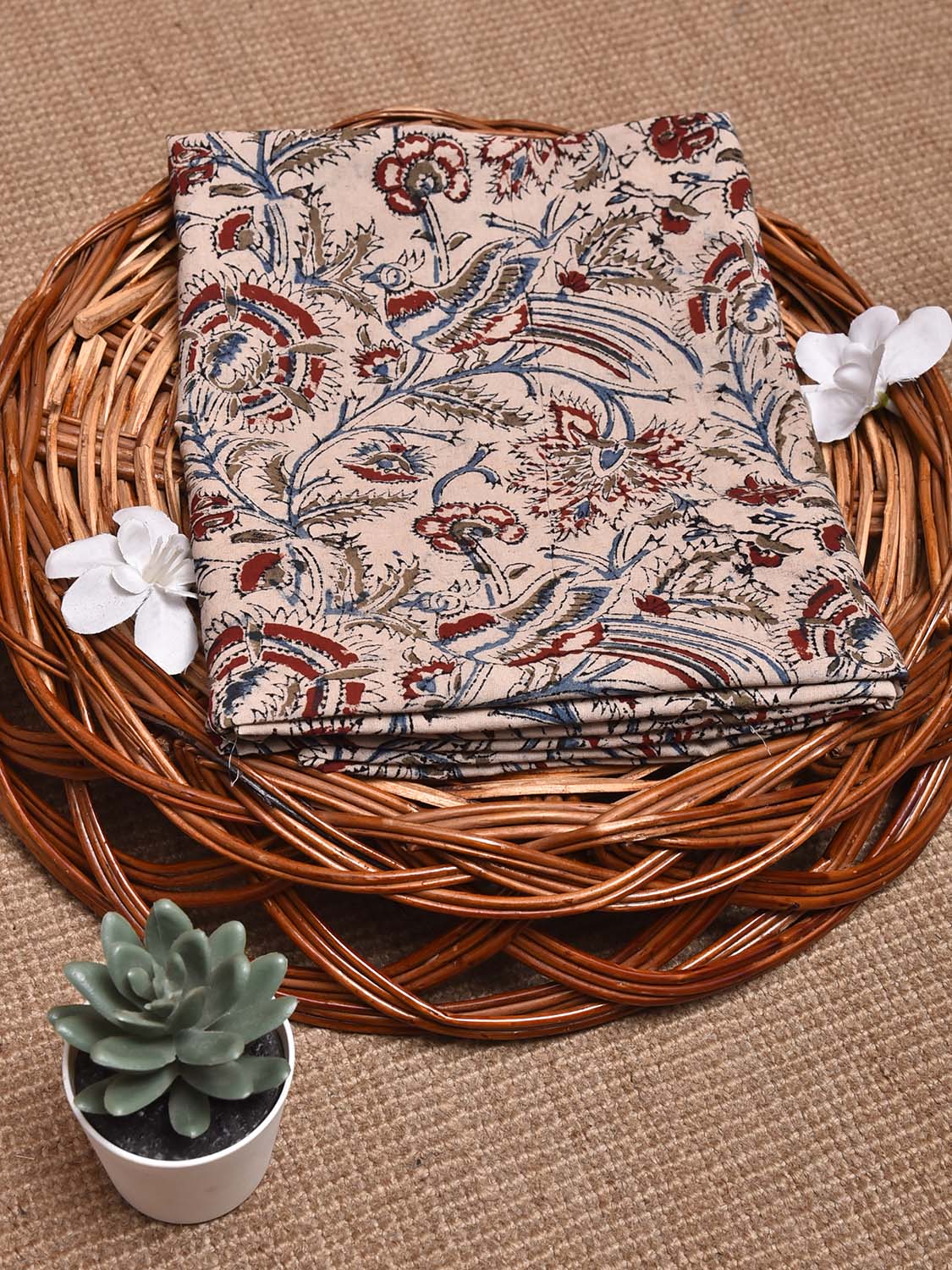 Cream Kalamkari Block Print Cotton Blouse with Flowers and Birds Design 1.2mt Length 35 Inches Width BL0069