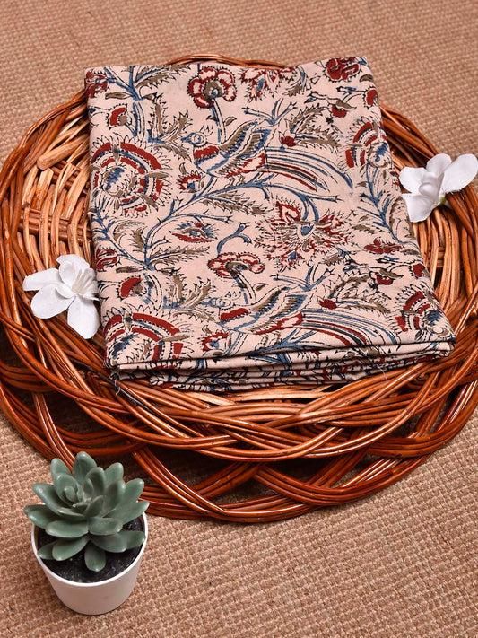 Cream Kalamkari Block Print Cotton Blouse with Flowers and Birds Design 1.2mt Length 35 Inches Width BL0069