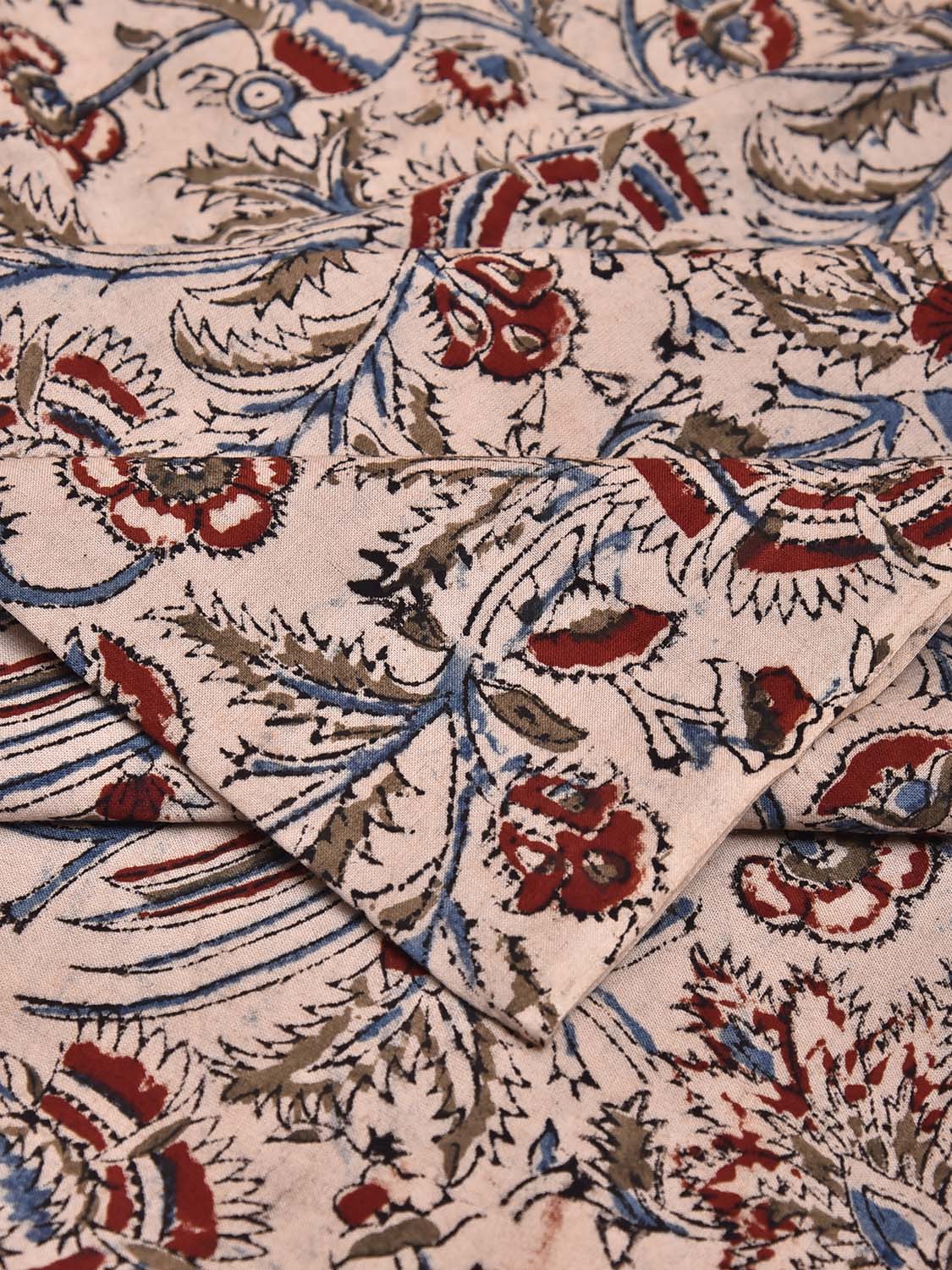 Cream Kalamkari Block Print Cotton Blouse with Flowers and Birds Design 1.2mt Length 35 Inches Width BL0069