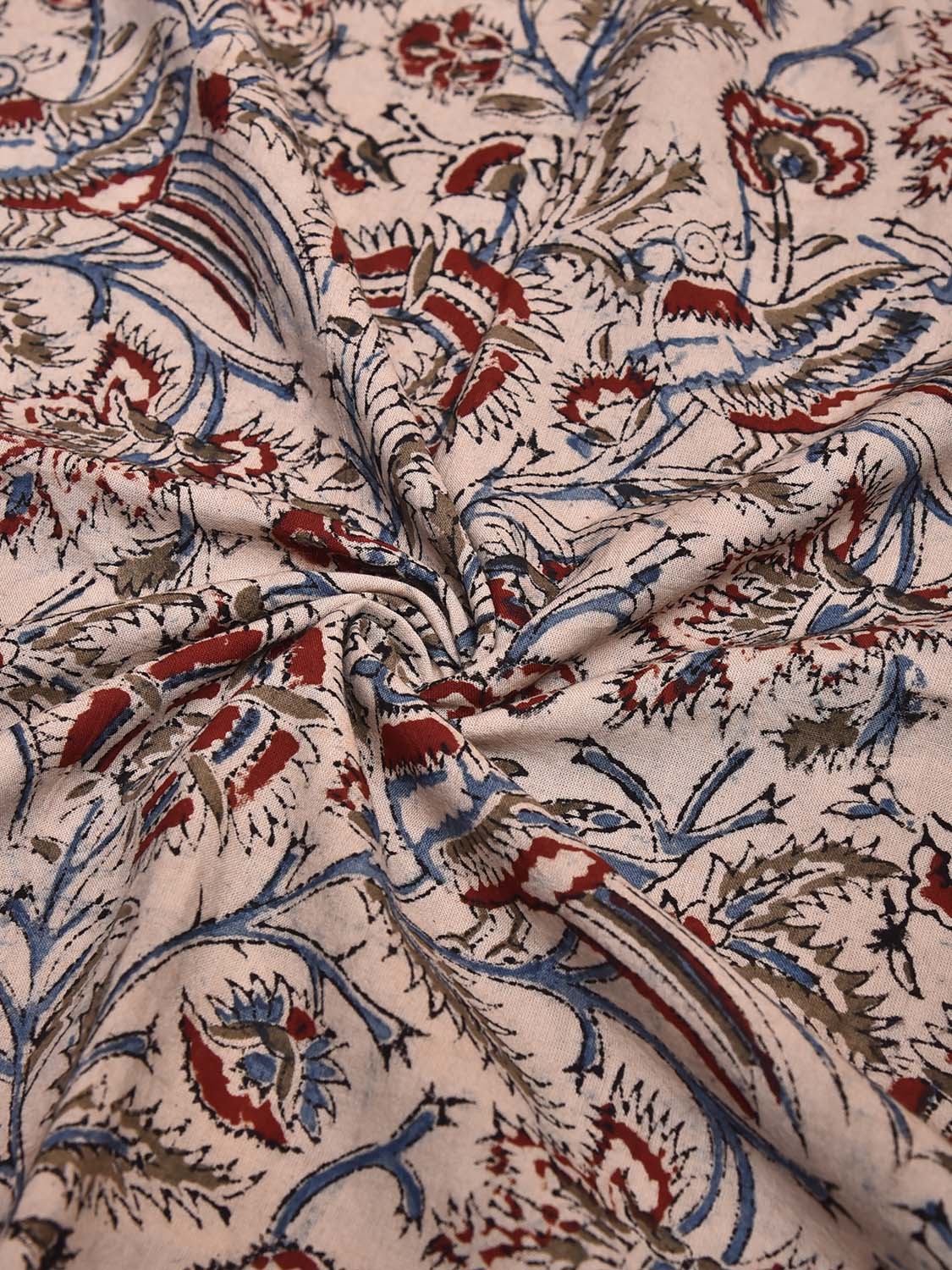Cream Kalamkari Block Print Cotton Blouse with Flowers and Birds Design 1.2mt Length 35 Inches Width BL0069