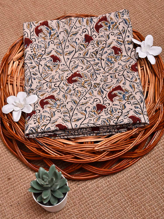 Cream and Red Kalamkari Block Print Cotton Blouse with Flowers and Leaves Design 1.2mt Length 35 Inches Width BL0071