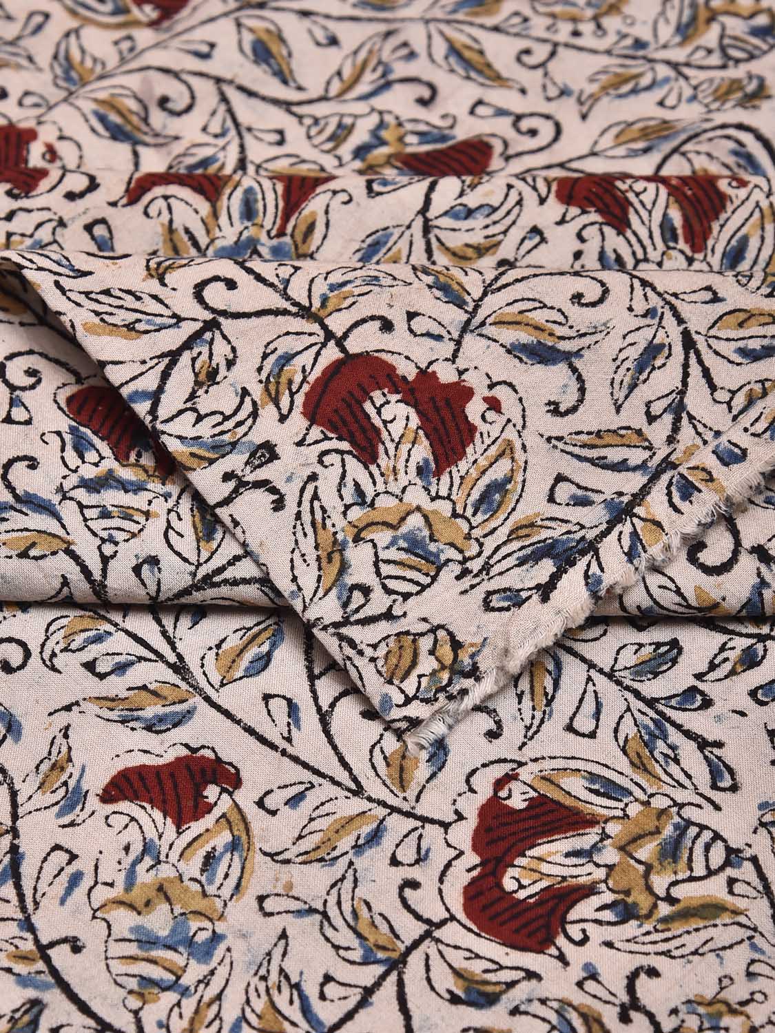 Cream and Red Kalamkari Block Print Cotton Blouse with Flowers and Leaves Design 1.2mt Length 35 Inches Width BL0071