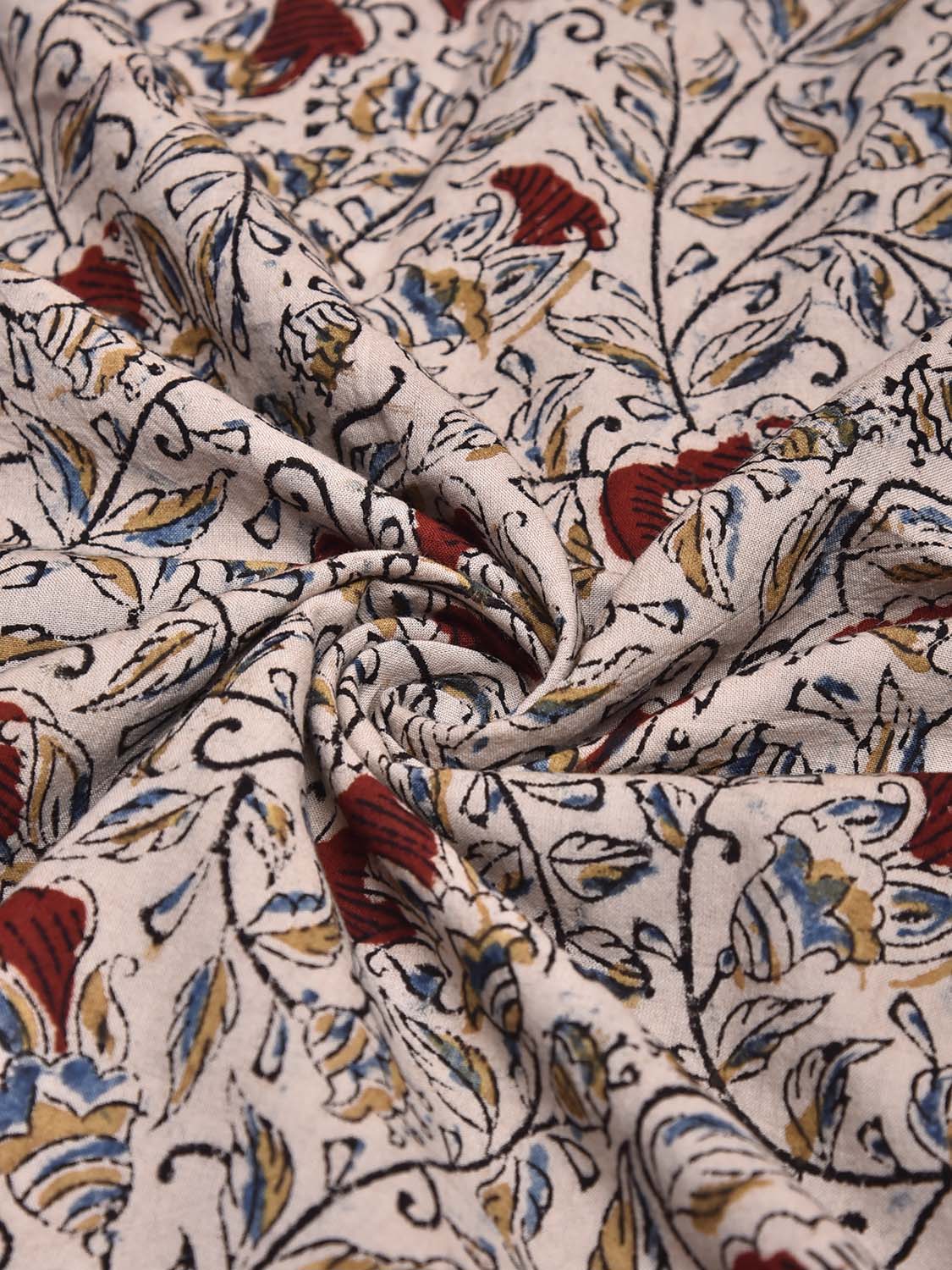Cream and Red Kalamkari Block Print Cotton Blouse with Flowers and Leaves Design 1.2mt Length 35 Inches Width BL0071