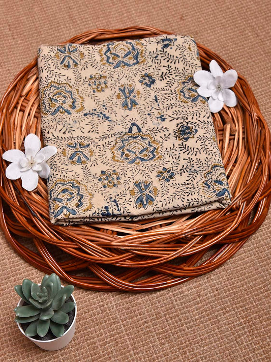 Cream Kalamkari Block Print Cotton Blouse with Floral Design 1.2mt Length 35 Inches Width BL0073