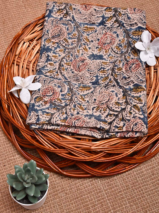 Blue Kalamkari Block Print Cotton Blouse with Floral Design 1.2mt Length 35 Inches Width BL0076