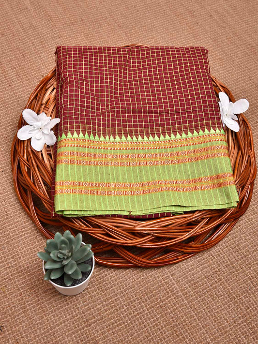 Maroon and Light Green Bamboo Cotton Blouse with Checks Design Length 80cm Width 44 Inches BL0079